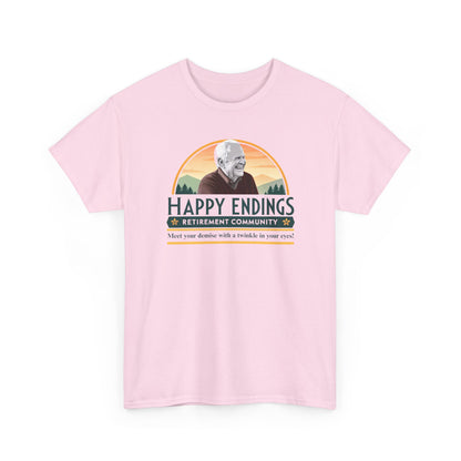 Retirement Community Tee - Happy Endings Fun Shirt, Unisex Cotton Tee, Gift for Retiree, Retirement Party Tee, Humor Shirt