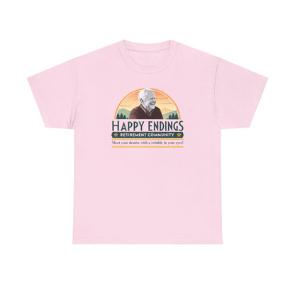 Retirement Community Tee - Happy Endings Fun Shirt, Unisex Cotton Tee, Gift for Retiree, Retirement Party Tee, Humor Shirt