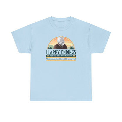 Retirement Community Tee - Happy Endings Fun Shirt, Unisex Cotton Tee, Gift for Retiree, Retirement Party Tee, Humor Shirt