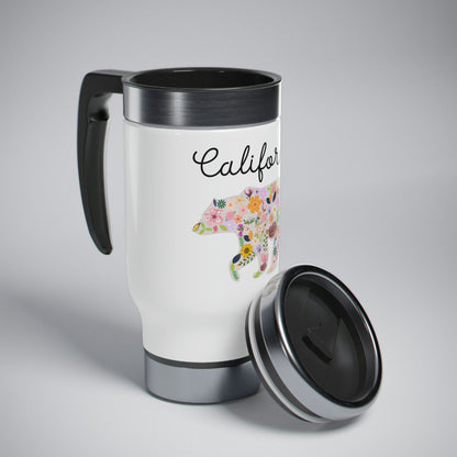 California Bear Floral Flowers Stainless Steel Travel Mug with Handle, 14oz